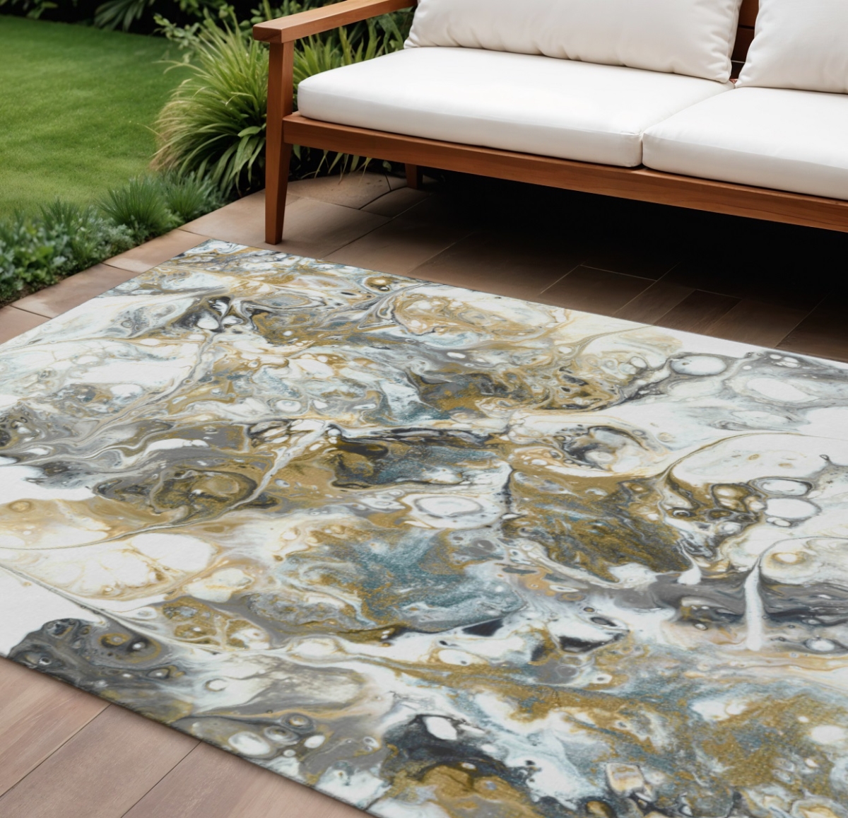 643510 10 x 14 ft. Cool Gray & Gold Abstract Washable Contemporary Indoor & Outdoor Rectangle Area Rug