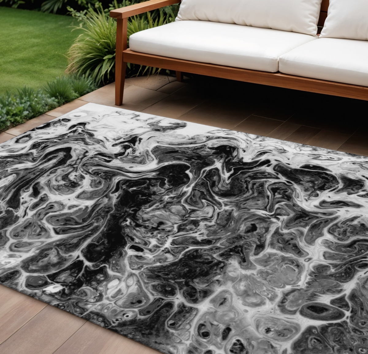 643527 9 x 12 ft. Black & Ivory Abstract Washable Contemporary Indoor & Outdoor Rectangle Area Rug