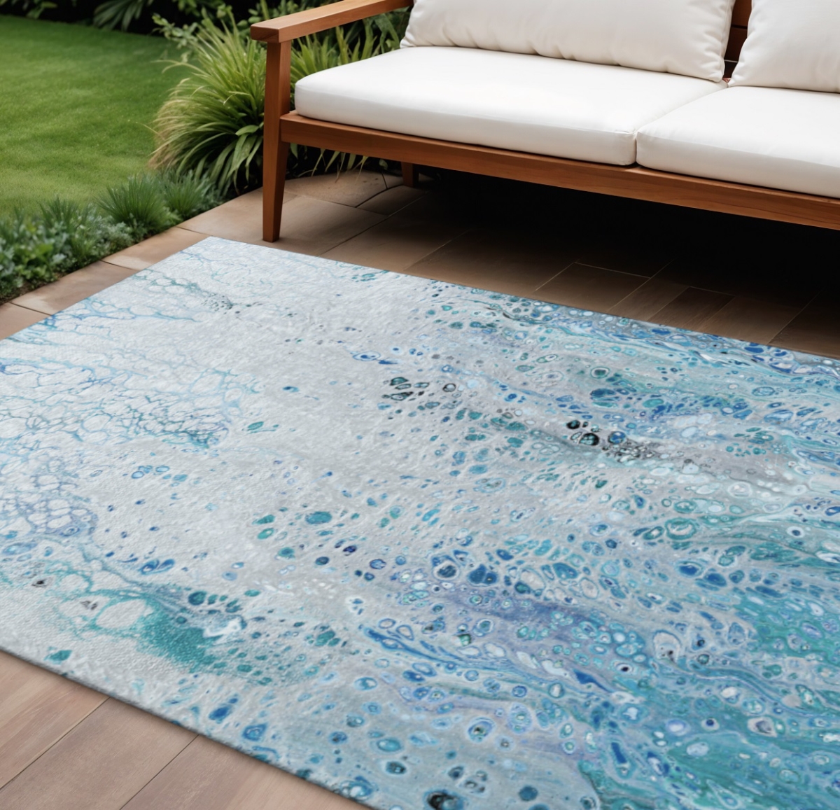 643552 10 x 14 ft. Light Blue & Ivory Abstract Washable Contemporary Indoor & Outdoor Rectangle Area Rug