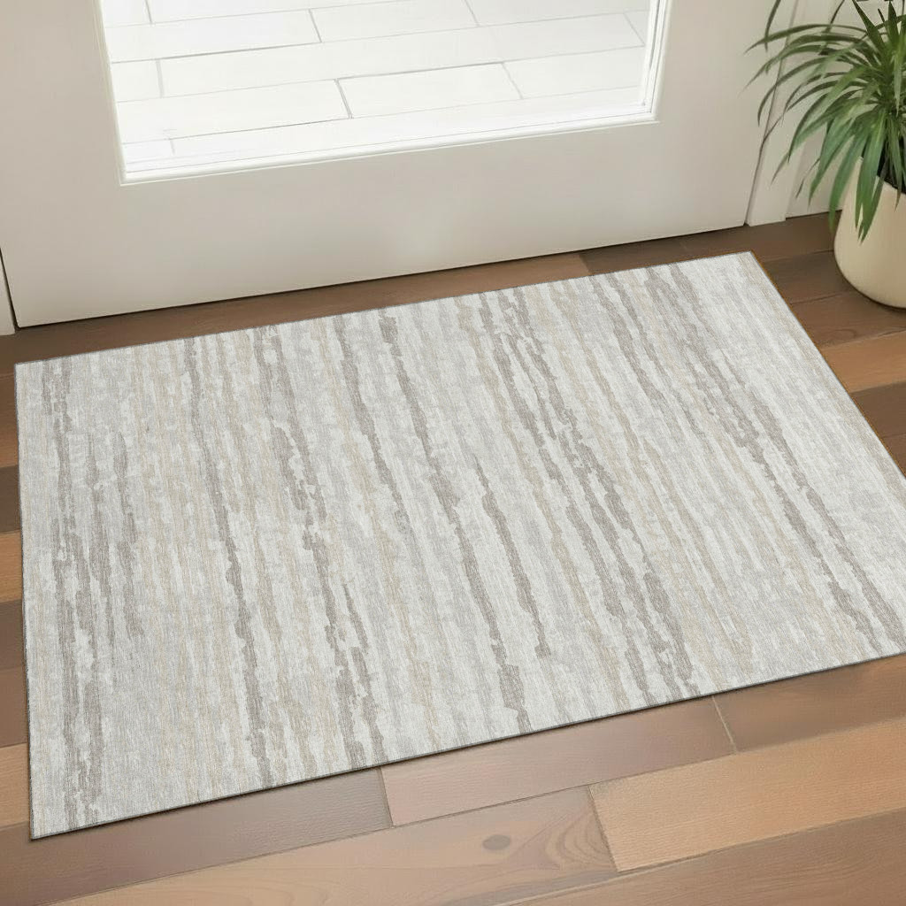 644030 3 x 5 ft. Khaki & Ivory Striped Transitional Washable Machine Made Rectangle Area Rug with UV Protection