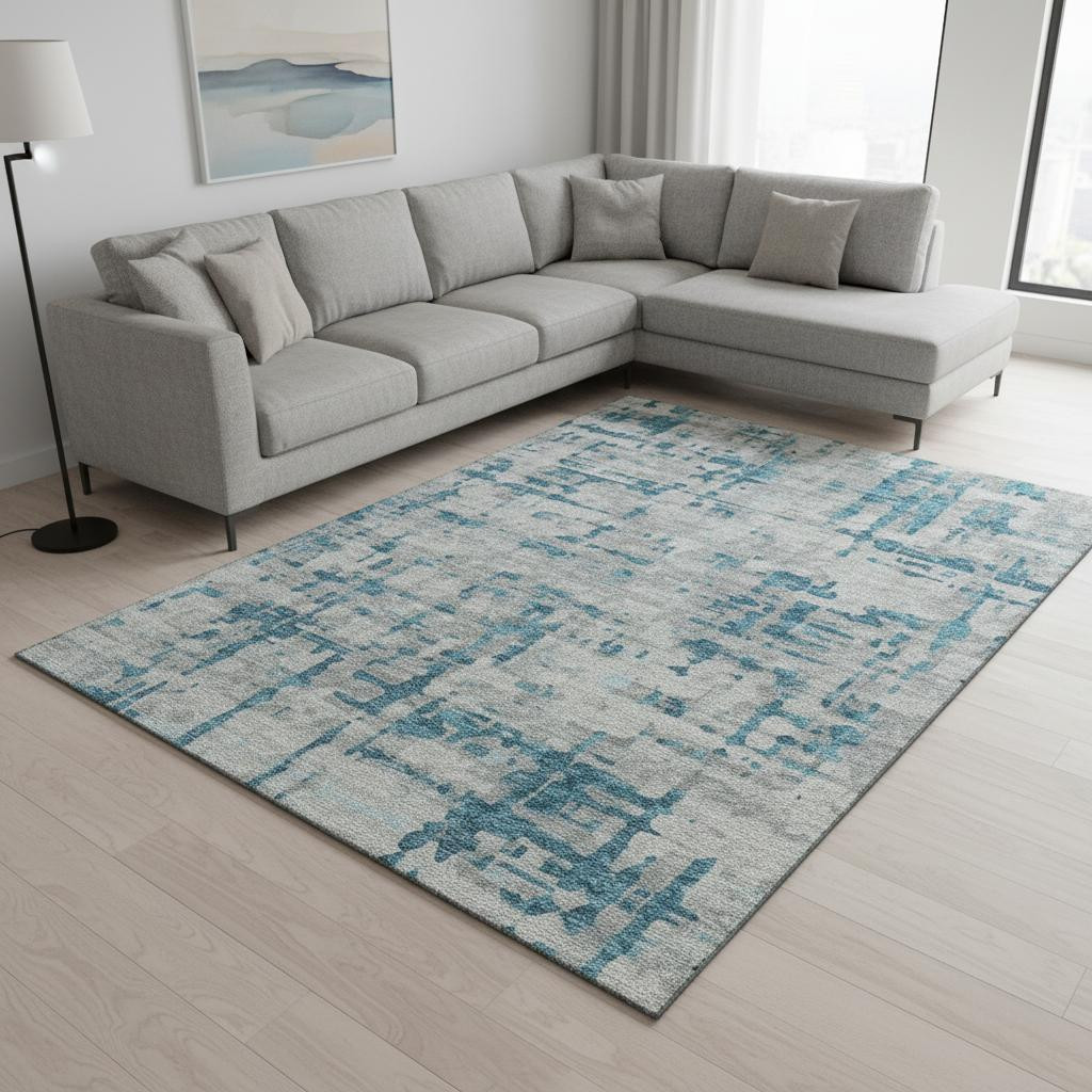 644059 10 x 14 ft. Persian Blue & Gray Abstract Washable Machine Made Rectangle Area Rug with UV Protection