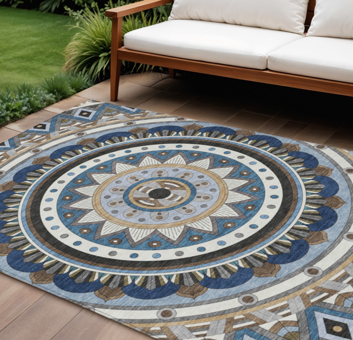 641835 9 x 12 ft. Denim Blue, Ivory & Beige Geometric Washable Transitional Indoor & Outdoor Rectangle Area Rug