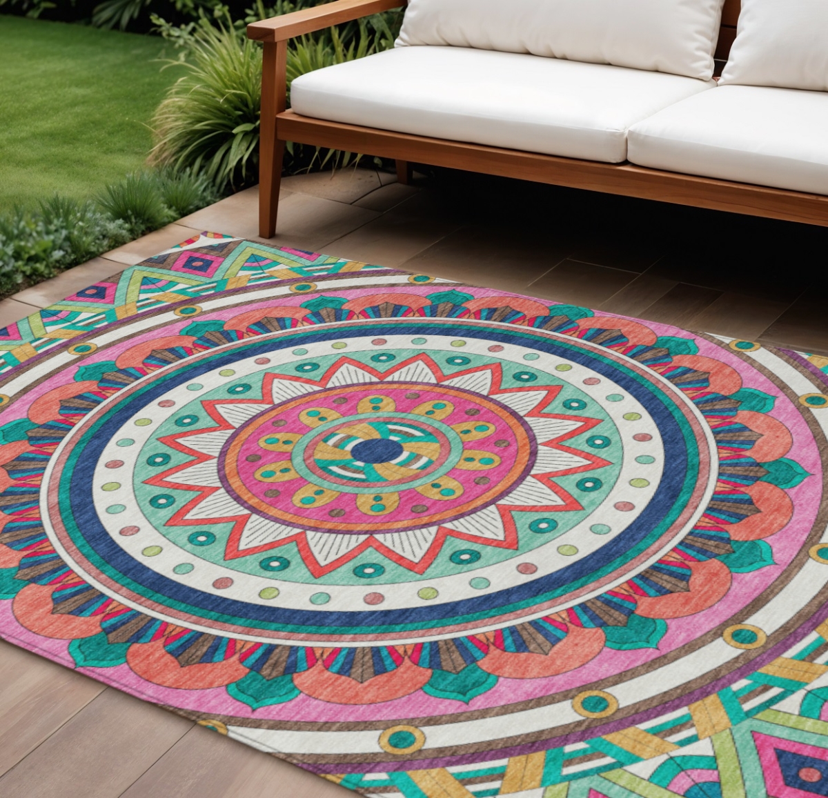 641846 10 x 14 ft. Pink Blue, Green & Peach Geometric Washable Transitional Indoor & Outdoor Rectangle Area Rug
