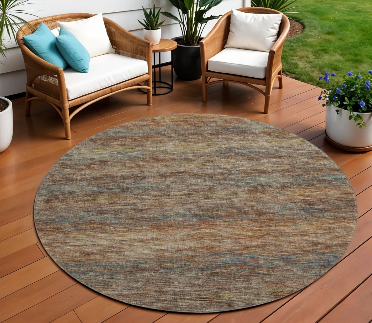642382 8 ft. Burnt Sienna & Coffee Abstract Washable Transitional Indoor & Outdoor Round Area Rug