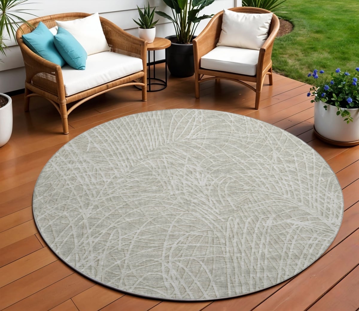 642490 8 ft. Beige & Ivory Abstract Washable Transitional Indoor & Outdoor Round Area Rug