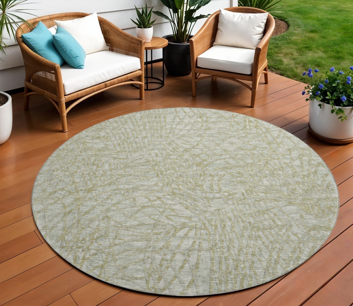 642496 8 ft. Sage & Ivory Abstract Washable Transitional Indoor & Outdoor Round Area Rug