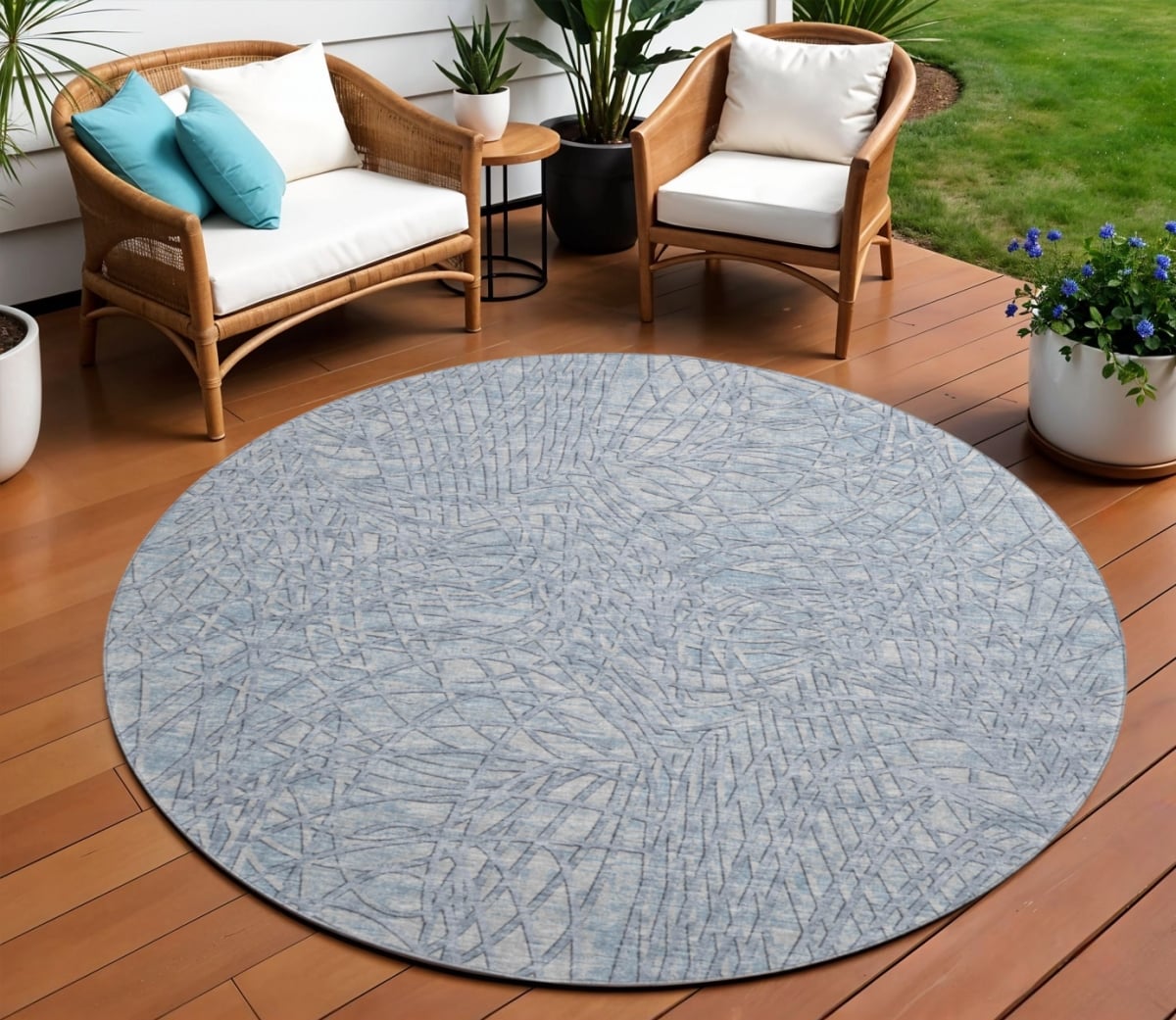 642502 8 ft. Blue & Gray Abstract Washable Transitional Indoor & Outdoor Round Area Rug
