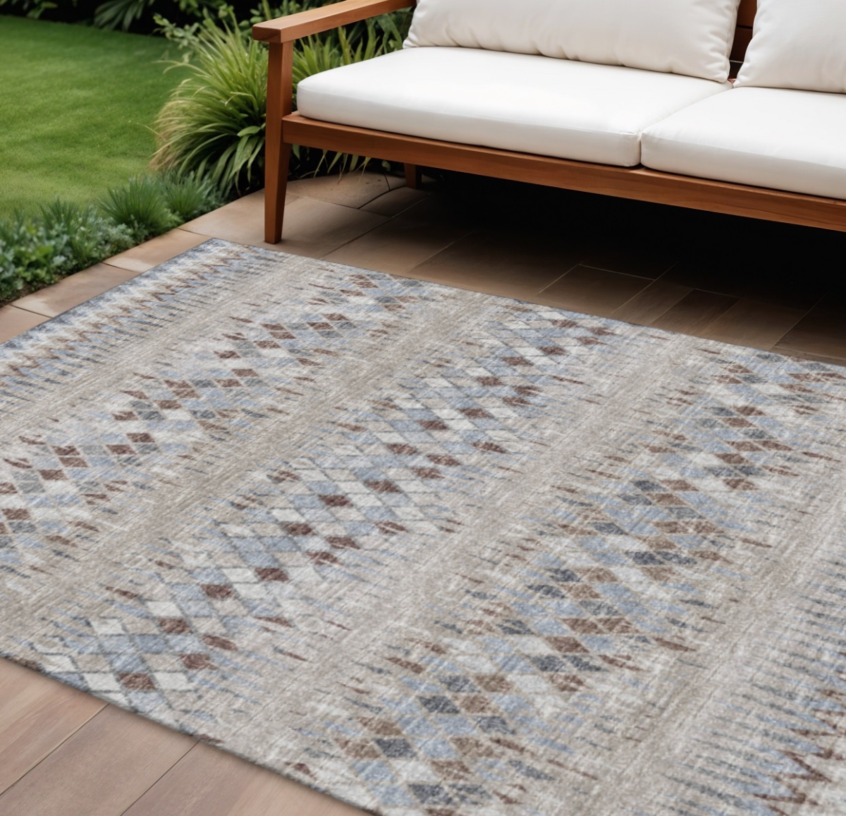 642571 10 x 14 ft. Blue & Gray Ikat Washable Transitional Indoor & Outdoor Rectangle Area Rug