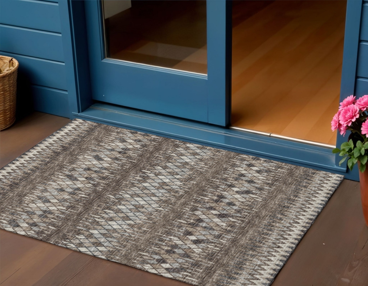 642572 3 x 5 ft. Brown & Ivory Ikat Washable Transitional Indoor & Outdoor Rectangle Area Rug