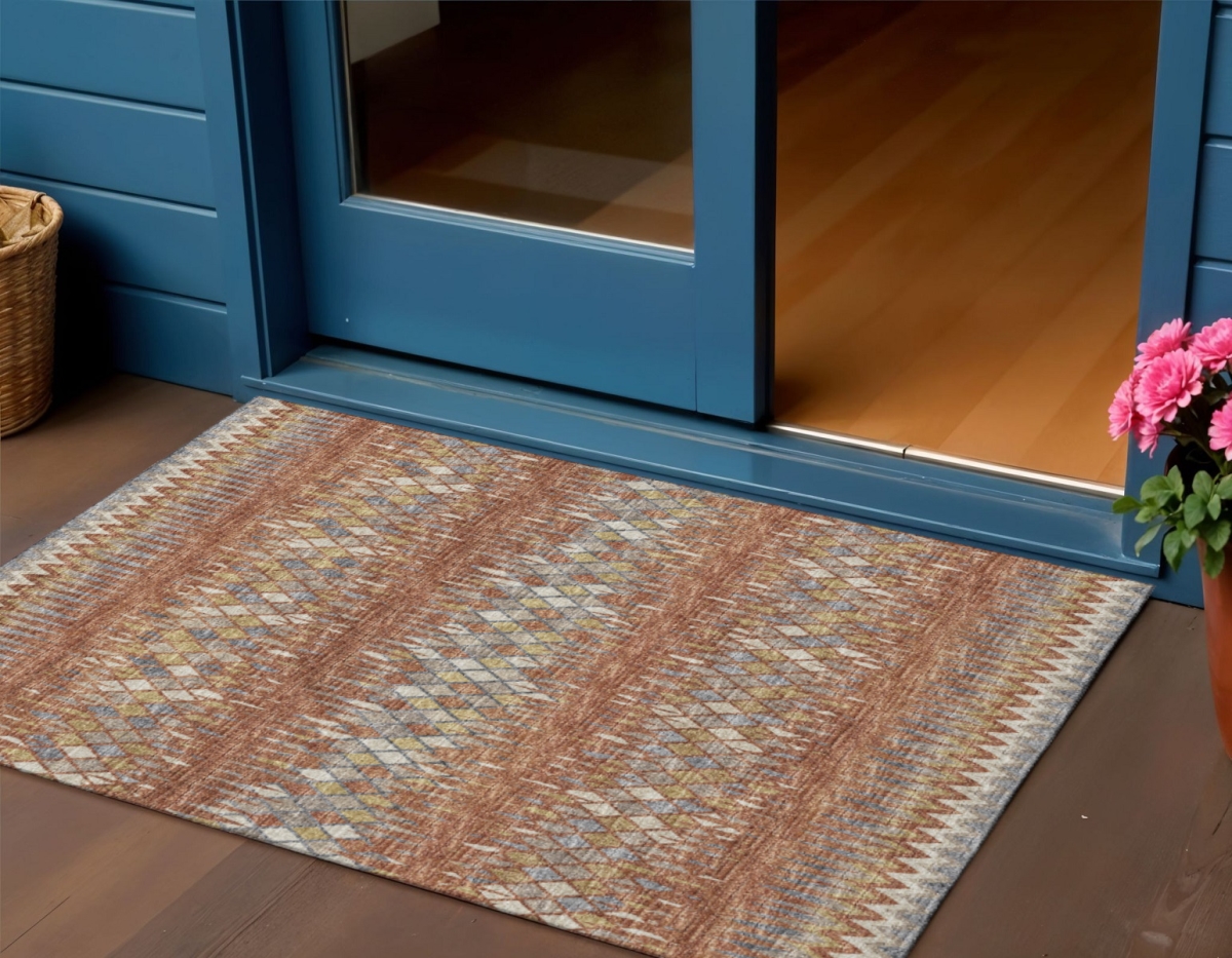 642578 3 x 5 ft. Cinnamon & Blue Ikat Washable Transitional Indoor & Outdoor Rectangle Area Rug