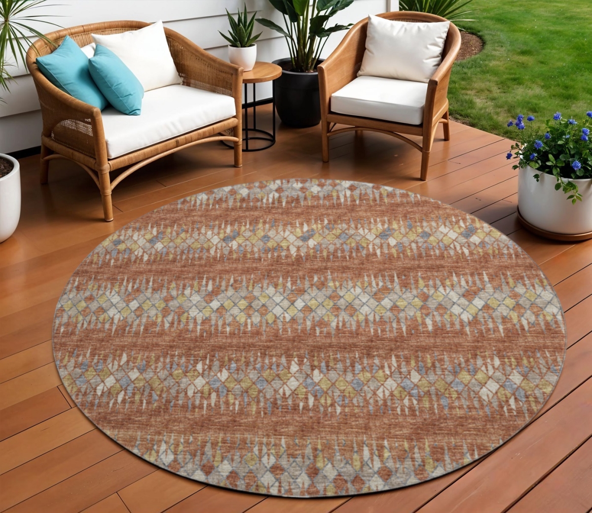 642580 8 ft. Cinnamon & Blue Ikat Washable Transitional Indoor & Outdoor Round Area Rug