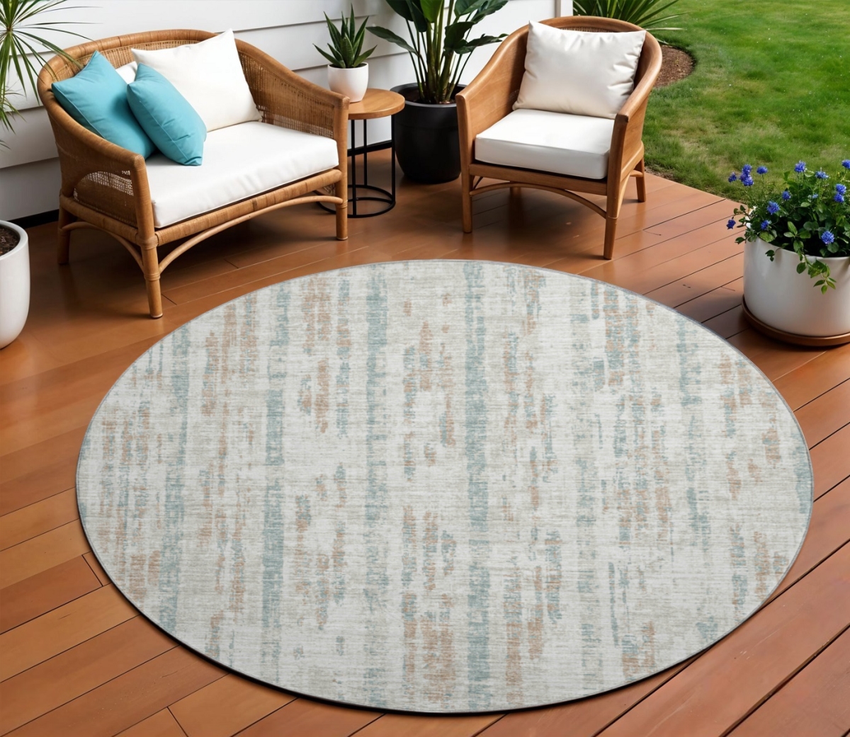 642586 8 ft. Ivory & Blue Abstract Washable Transitional Indoor & Outdoor Round Area Rug
