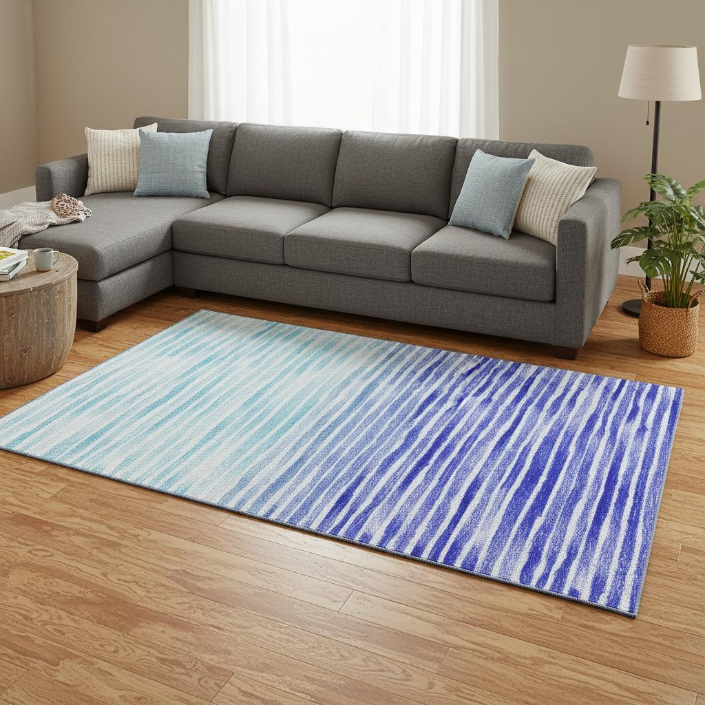 645880 8 x 10 ft. Blue & Ivory Geometric Coastal Washable Machine Made Rectangle Area Rug with UV Protection
