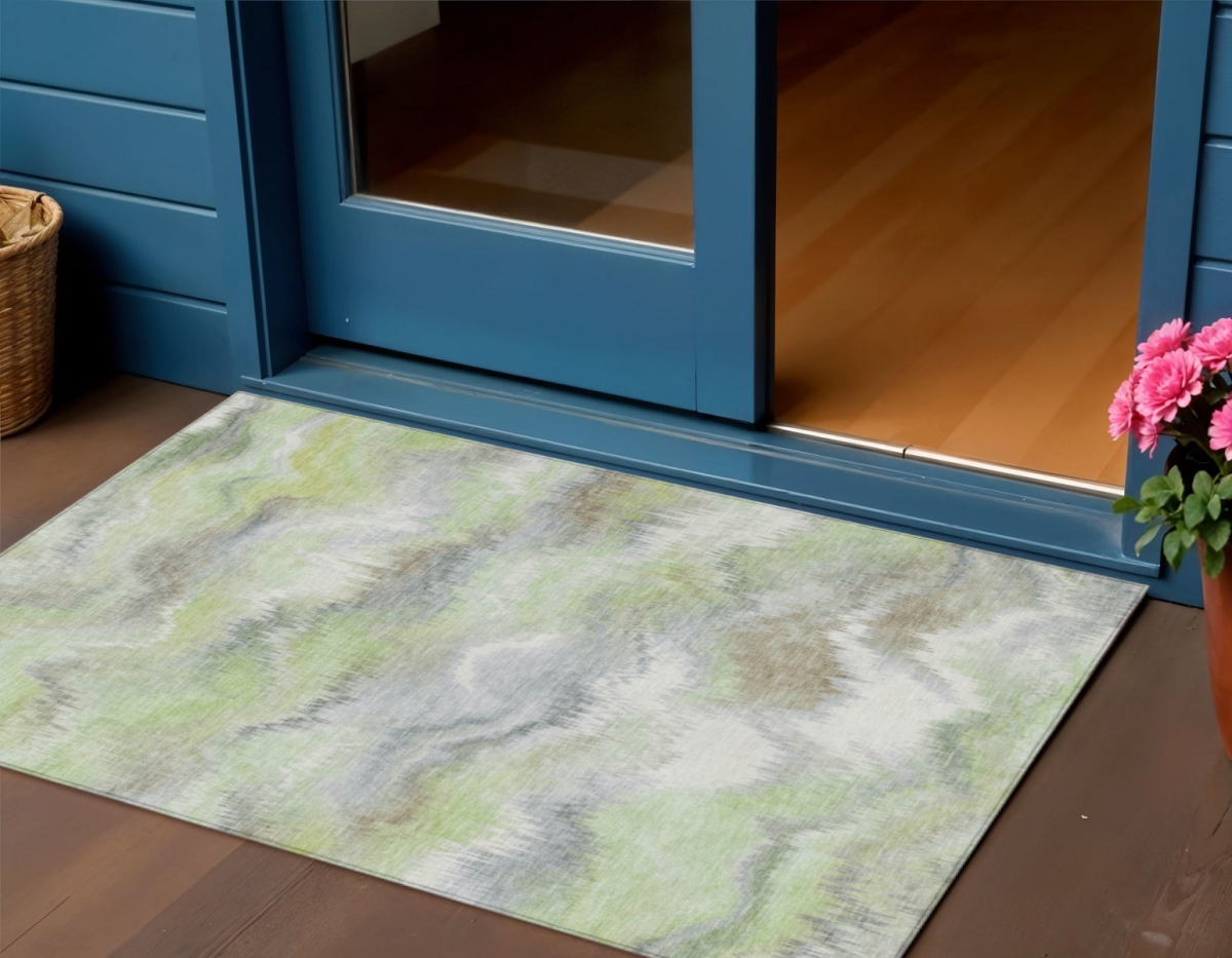 640744 3 x 5 ft. Artichoke Green & Ivory Abstract Washable Transitional Indoor & Outdoor Rectangle Area Rug