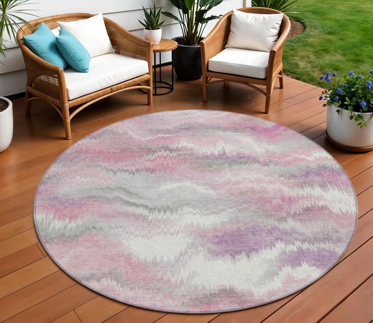 640758 8 ft. Blush & Ivory Abstract Washable Transitional Indoor & Outdoor Round Area Rug