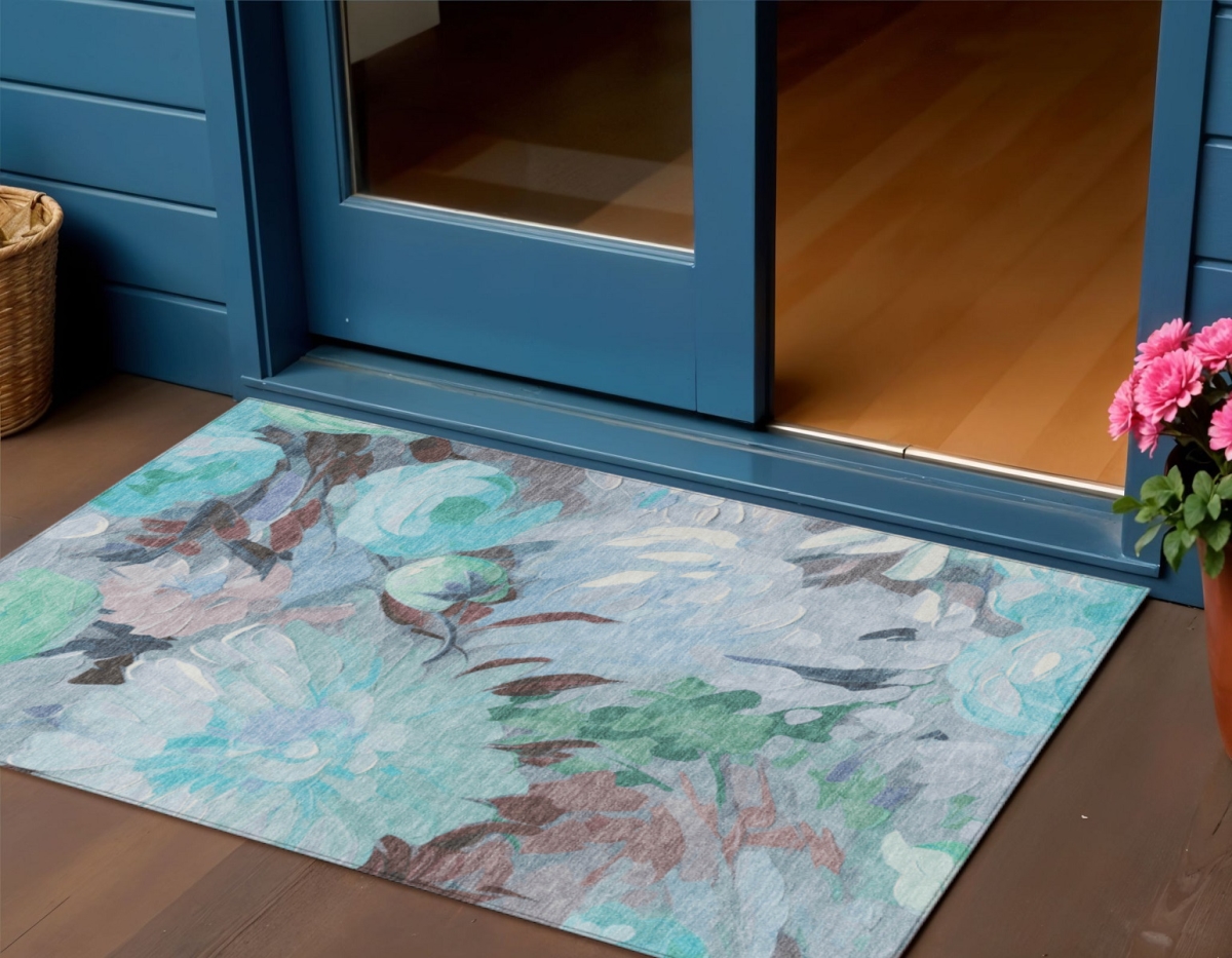 641182 3 x 5 ft. Sky Blue Mint Green & Ivory Floral Washable Transitional Indoor & Outdoor Rectangle Area Rug