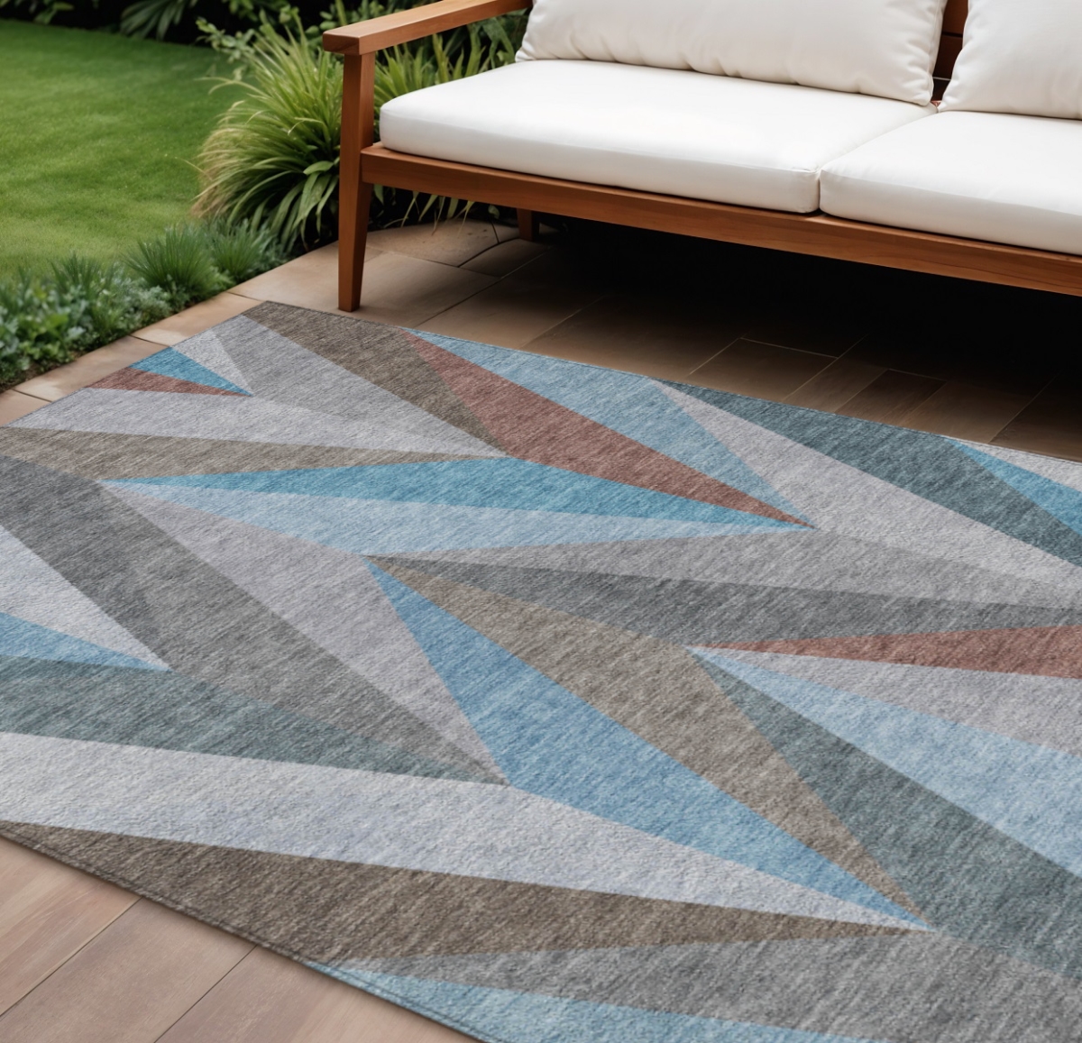 641217 10 x 14 ft. Teal Blue Copper & Gray Geometric Washable Transitional Indoor & Outdoor Rectangle Area Rug