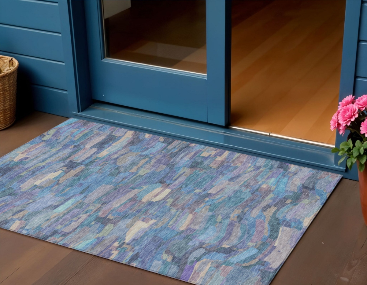 641236 3 x 5 ft. Denim Blue Lavender & Ivory Striped Washable Transitional Indoor & Outdoor Rectangle Area Rug