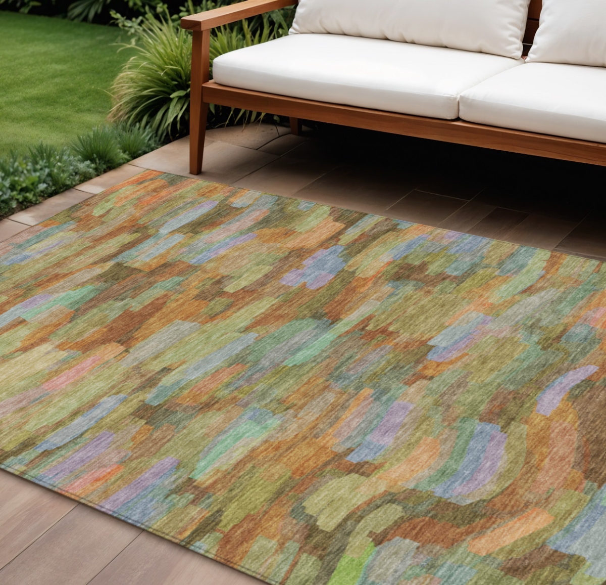 641246 9 x 12 ft. Fern Green & Orange Striped Washable Transitional Indoor & Outdoor Rectangle Area Rug
