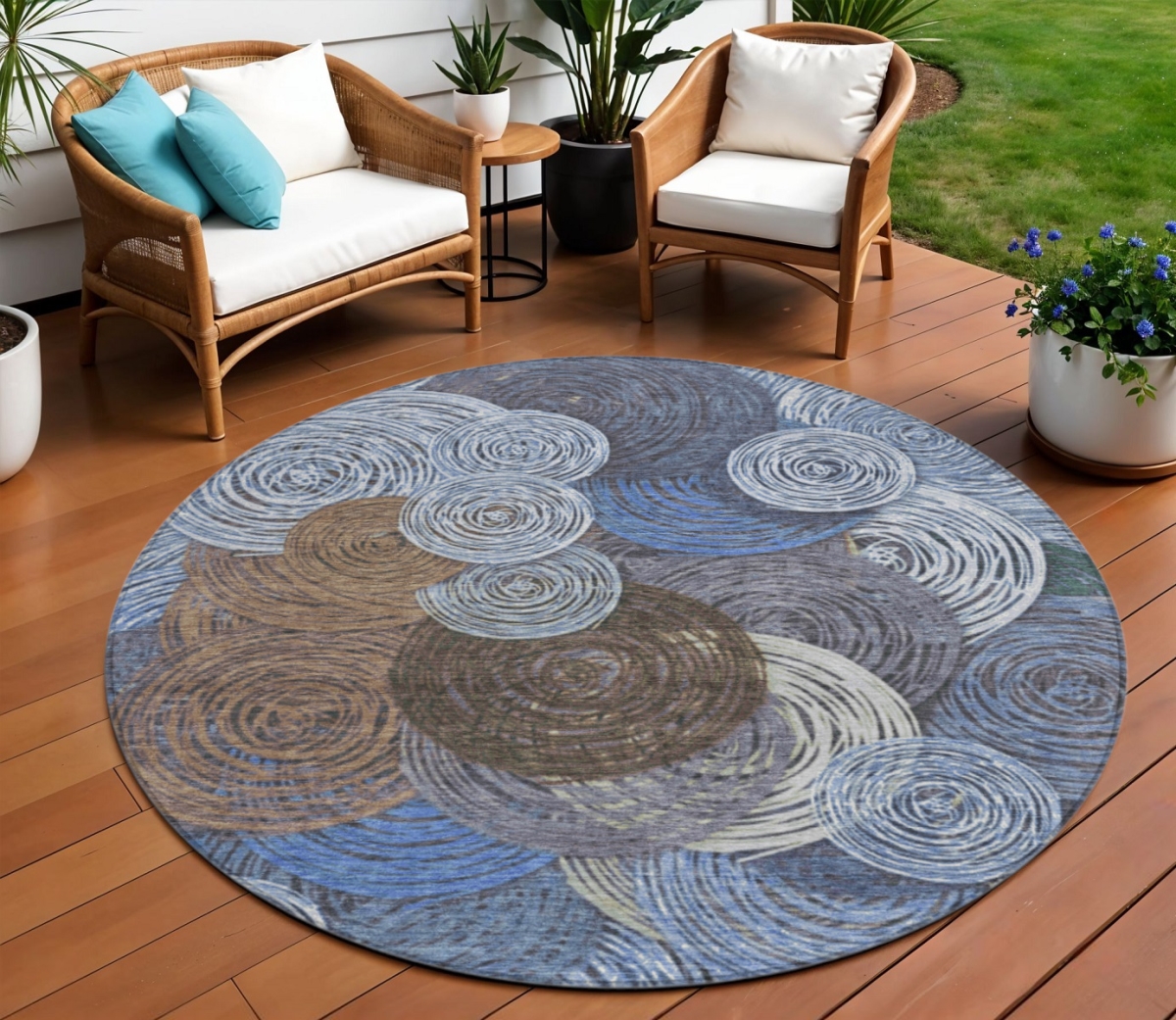 641280 8 ft. Blue Brown & Ivory Geometric Washable Transitional Indoor & Outdoor Round Area Rug