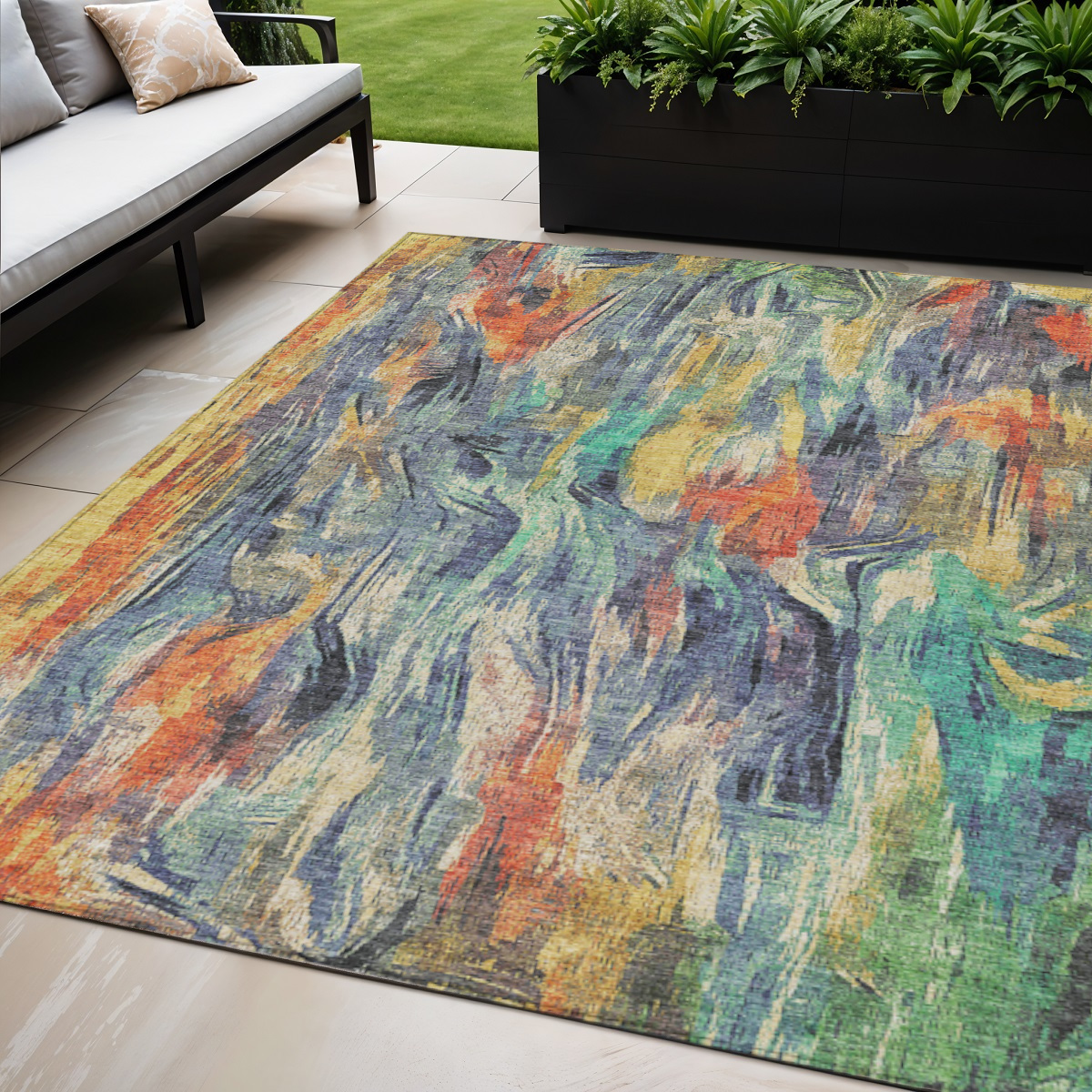 641345 5 x 8 ft. Denim Blue, Green & Gold Abstract Washable Transitional Indoor & Outdoor Rectangle Area Rug