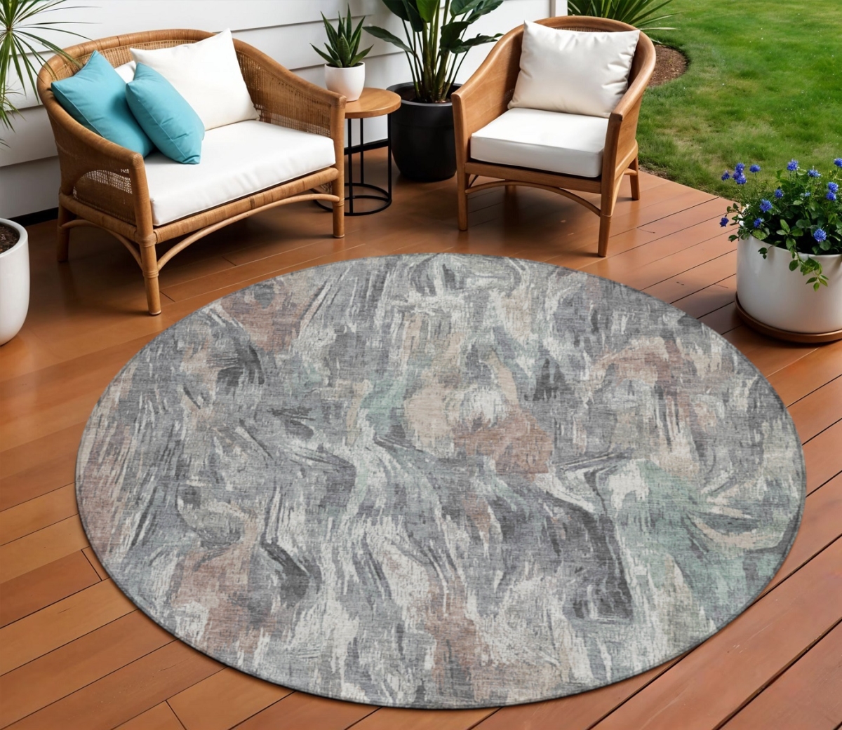 641358 8 ft. Gray Brown & Ivory Abstract Washable Transitional Indoor & Outdoor Round Area Rug
