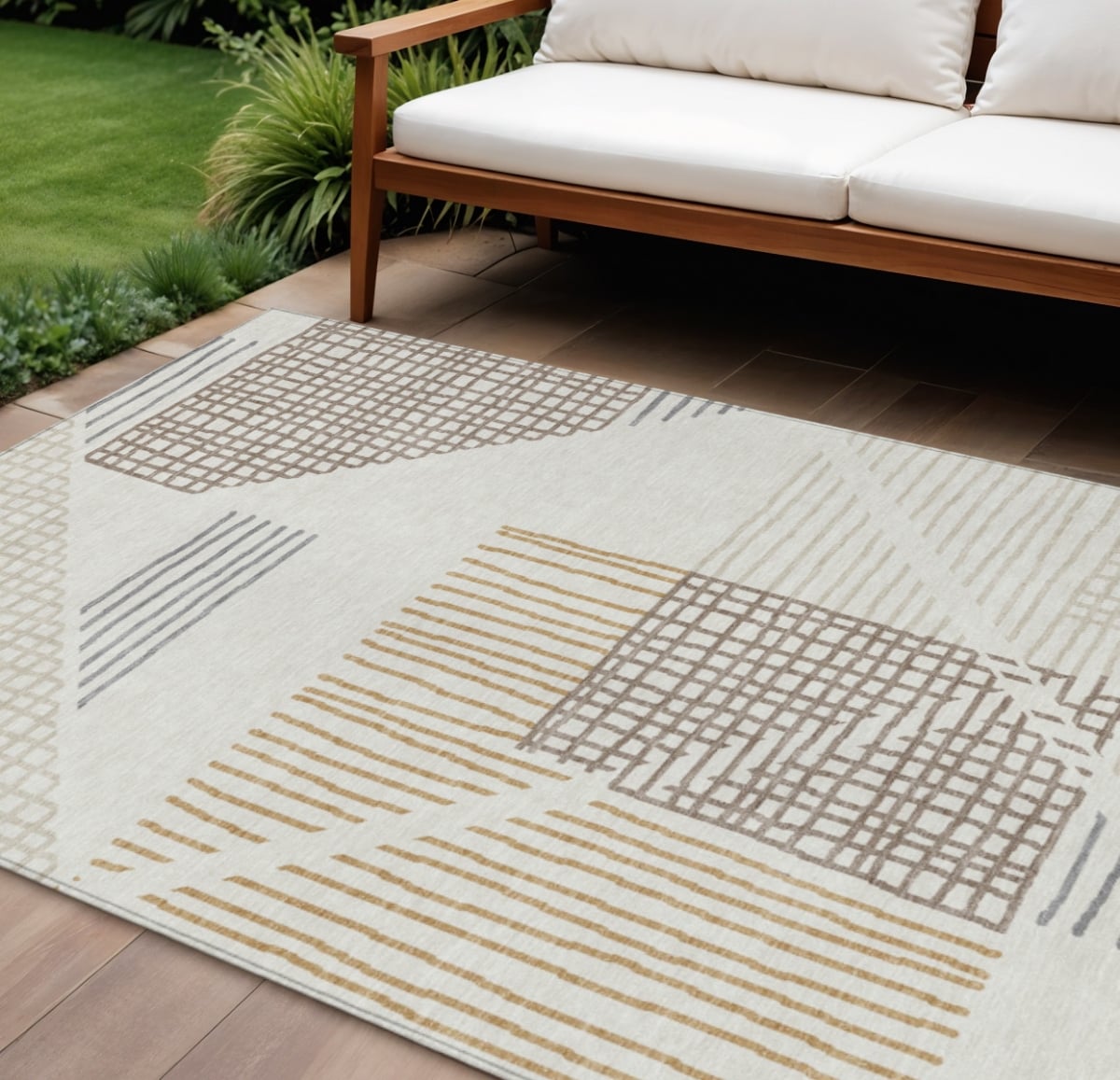 641401 8 x 10 ft. Ivory & Taupe Striped Washable Transitional Indoor & Outdoor Rectangle Area Rug
