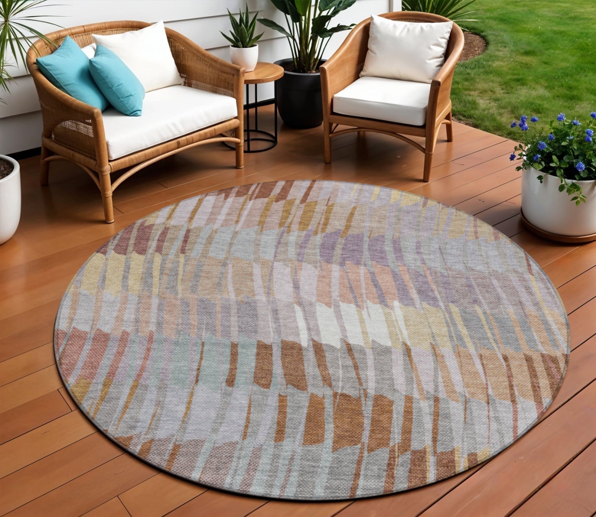 641424 8 ft. Copper, Ivory & Wheat Striped Washable Transitional Indoor & Outdoor Round Area Rug