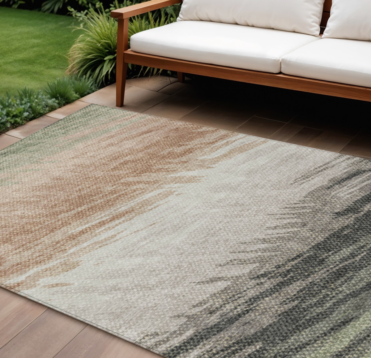 641486 9 x 12 ft. Fern Green, Ivory & Copper Striped Washable Transitional Indoor & Outdoor Rectangle Area Rug