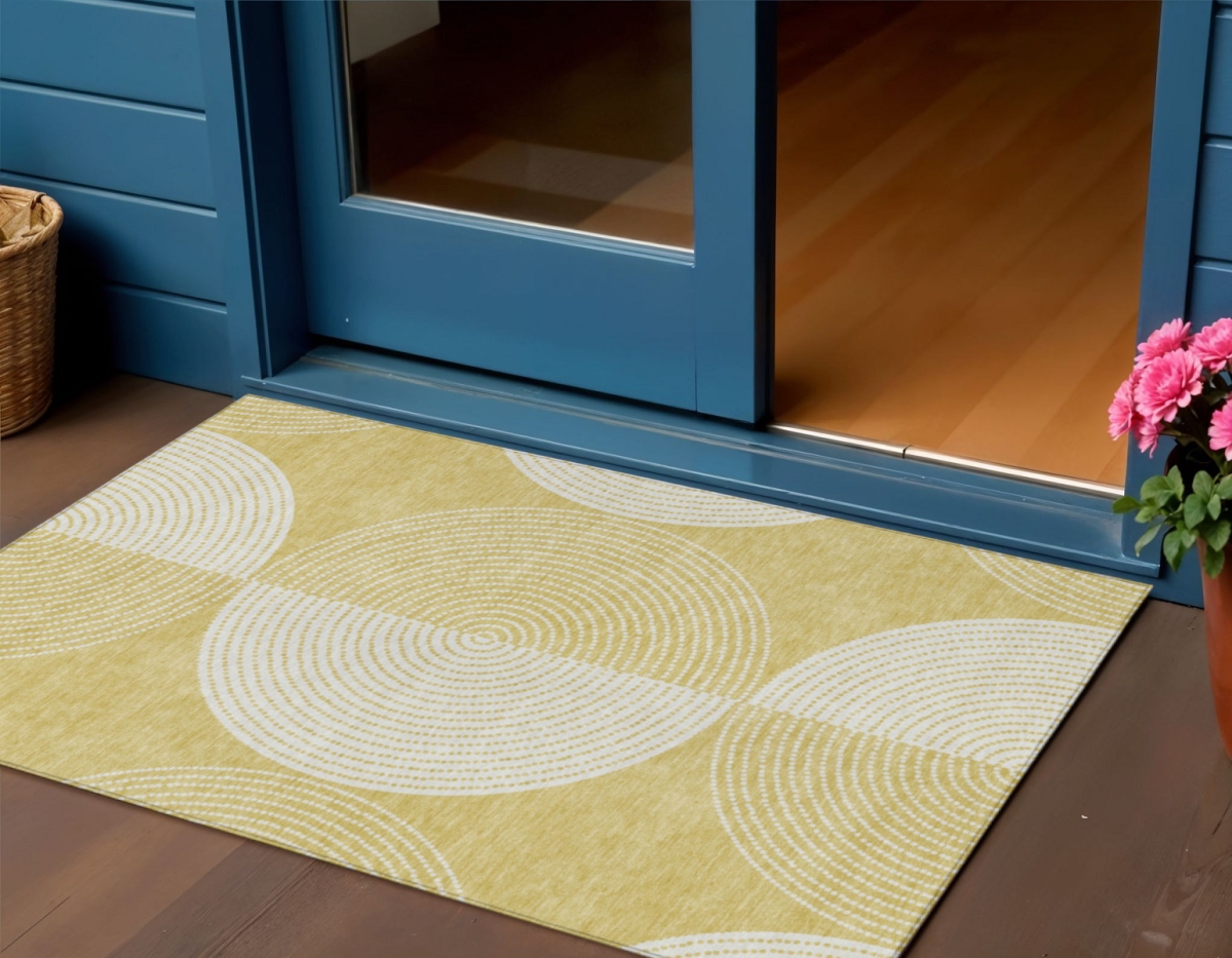 641608 3 x 5 ft. Gold & Ivory Geometric Washable Transitional Indoor & Outdoor Rectangle Area Rug