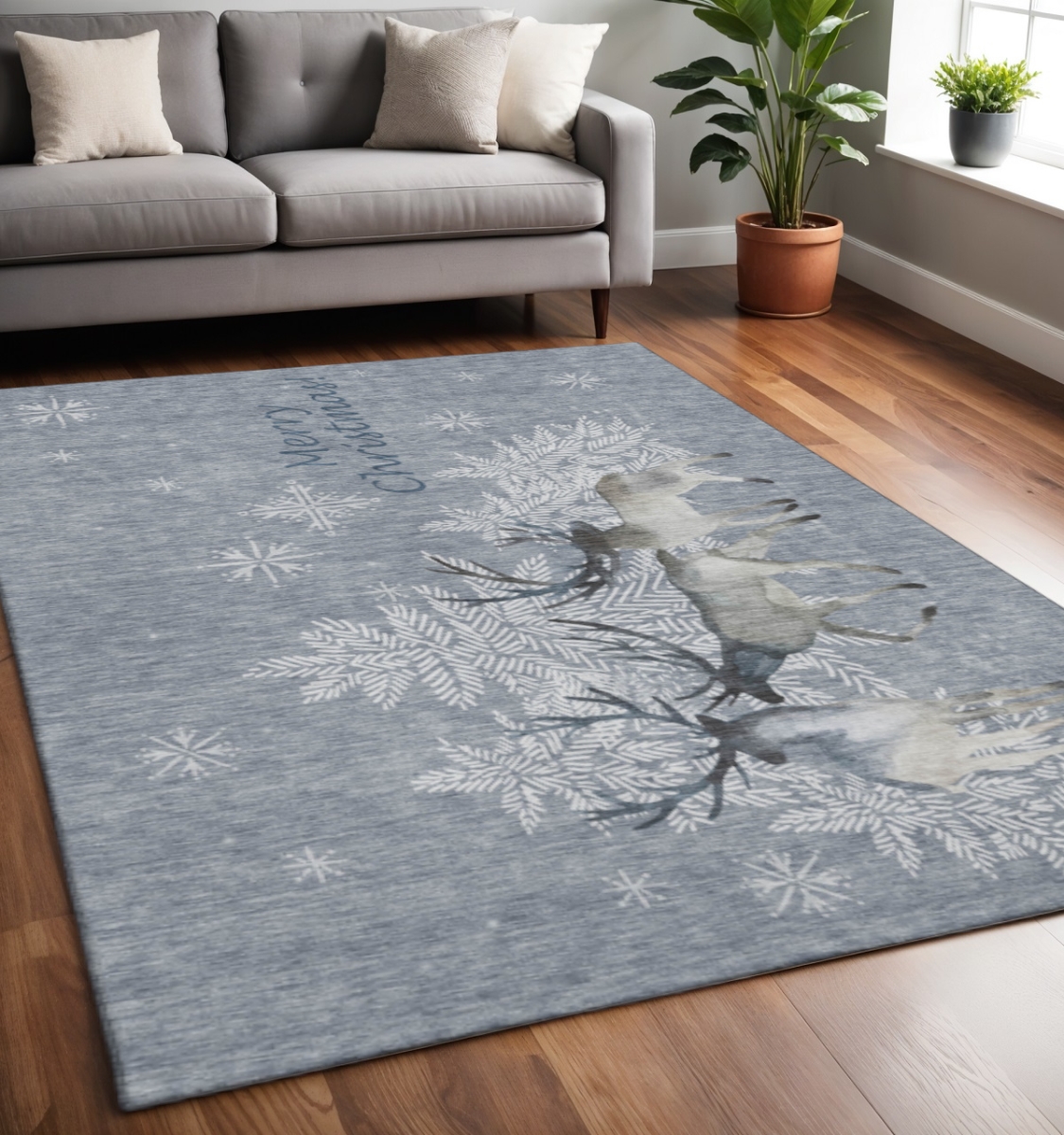 646411 5 x 8 ft. Ash Gray, Ivory & Blue Geometric Washable Machine Made Rectangle Area Rug with UV Protection