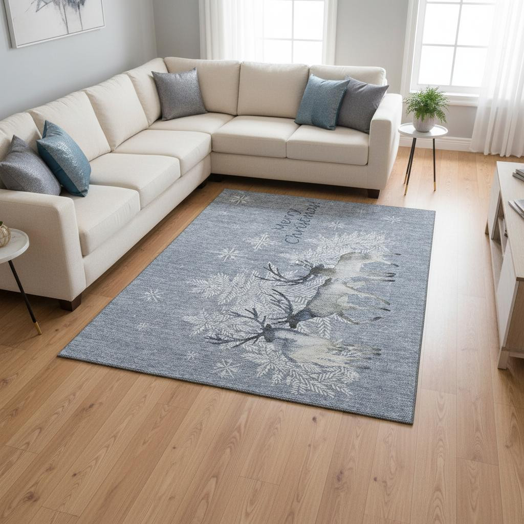 646414 9 x 12 ft. Ash Gray, Ivory & Blue Geometric Washable Machine Made Rectangle Area Rug with UV Protection