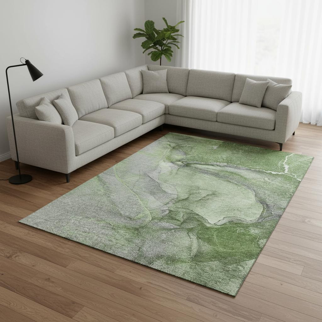 647420 8 x 10 ft. Olive Green & Ivory Abstract Transitional Washable Machine Made Rectangle Area Rug with UV Protection