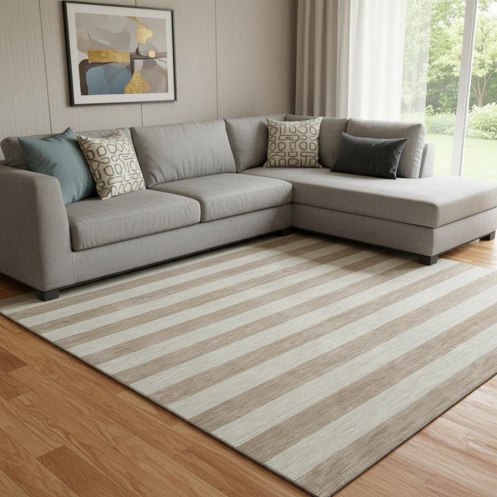 647722 10 x 14 ft. Beige & Taupe Striped Transitional Washable Machine Made Rectangle Area Rug with UV Protection