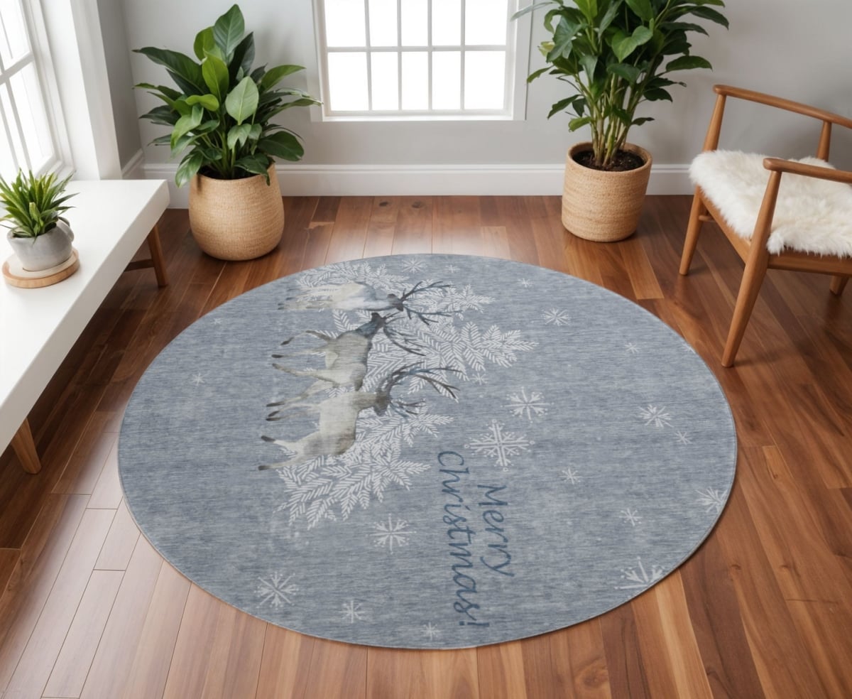 646412 8 ft. Ash Gray, Ivory & Blue Geometric Washable Round Area Rug with UV Protection