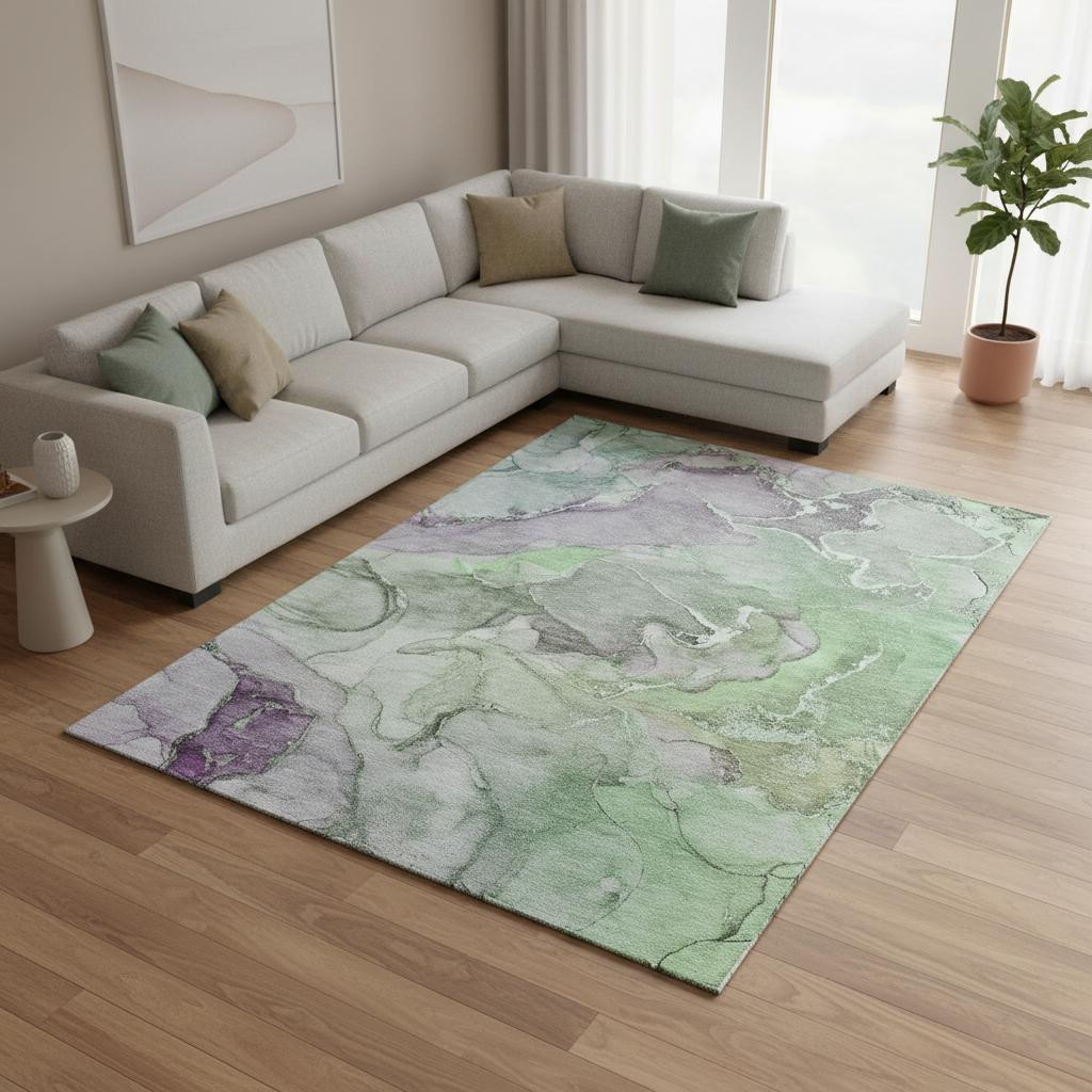 646493 9 x 12 ft. Green & Gray Abstract Contemporary Washable Machine Made Rectangle Area Rug with UV Protection