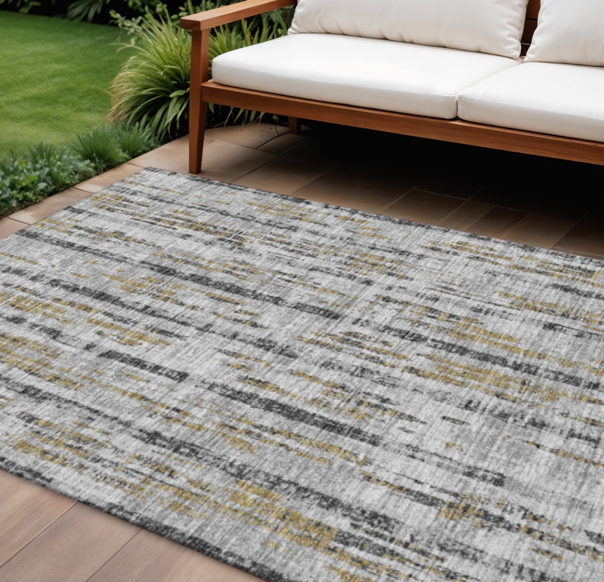 642594 9 x 12 ft. Silver Charcoal & Gold Abstract Washable Transitional Indoor & Outdoor Rectangle Area Rug