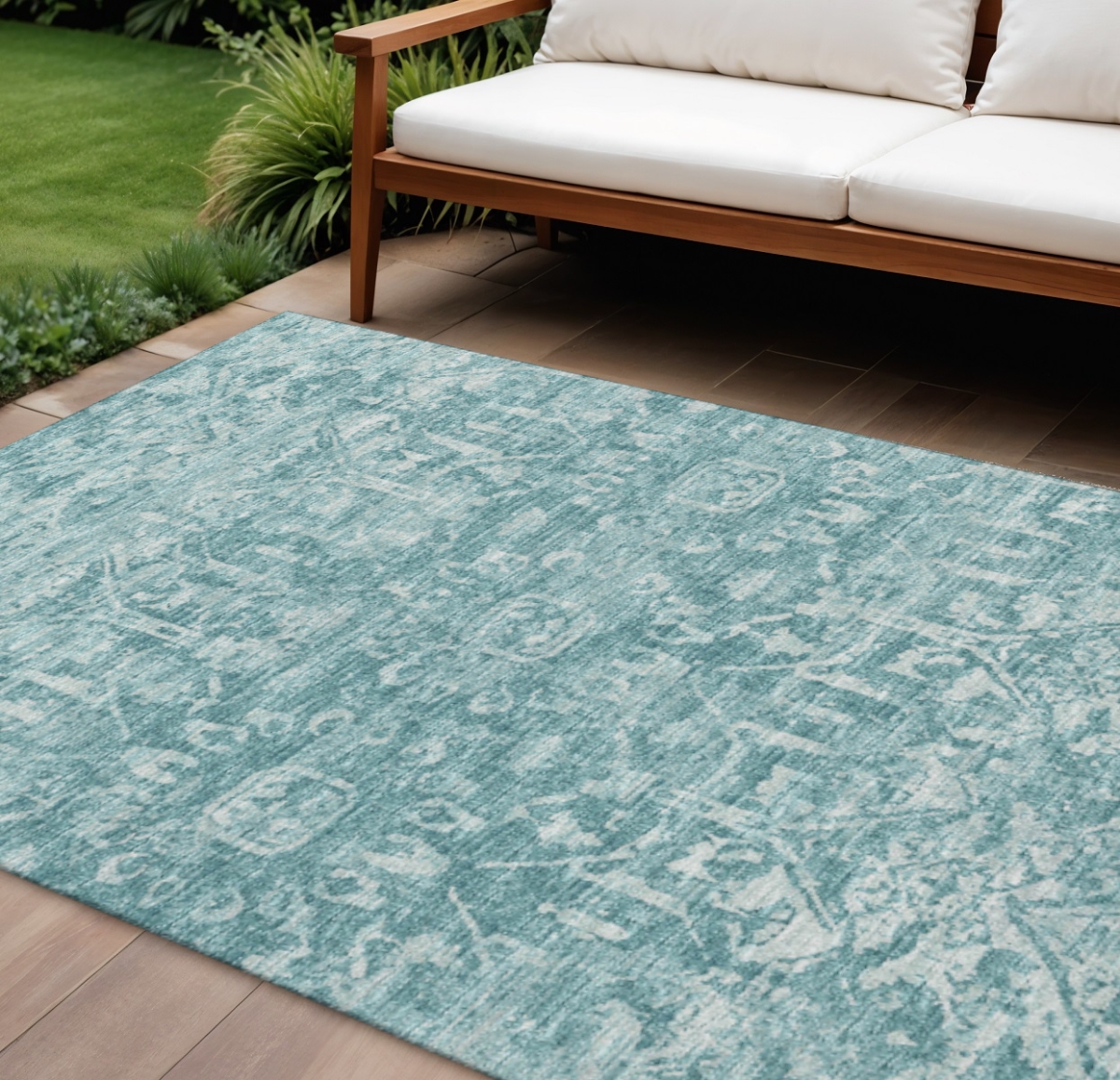 642612 9 x 12 ft. Blue & Ivory Damask Washable Traditional Indoor & Outdoor Rectangle Area Rug