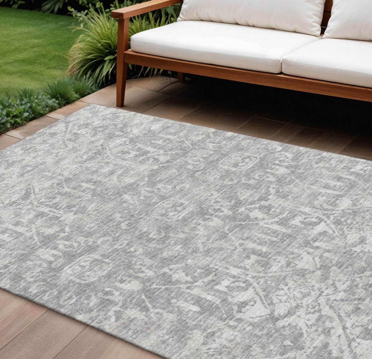 642637 10 x 14 ft. Gray & Ivory Damask Washable Traditional Indoor & Outdoor Rectangle Area Rug