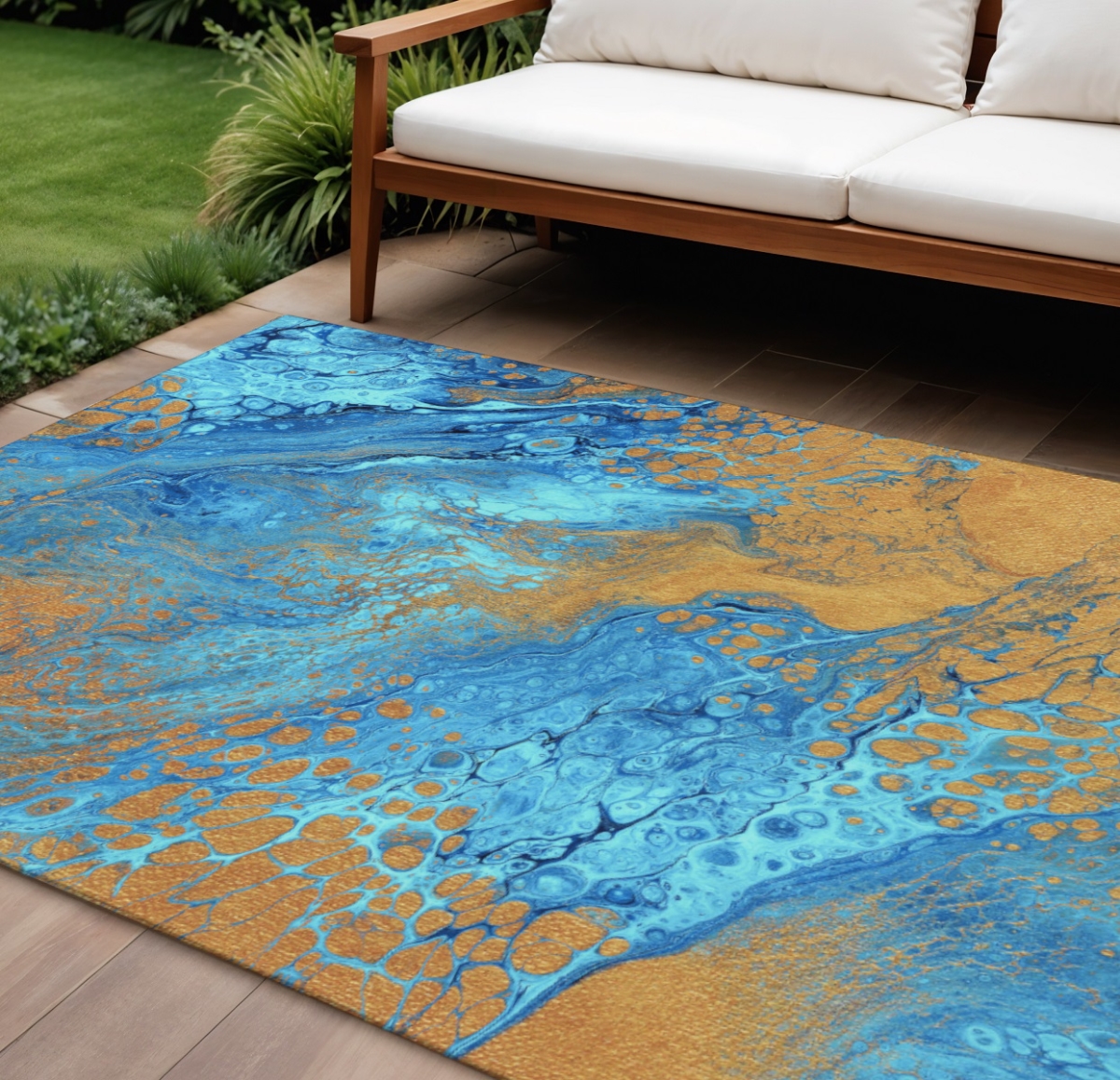 643395 9 x 12 ft. Cobalt & Copper Abstract Washable Contemporary Indoor & Outdoor Rectangle Area Rug