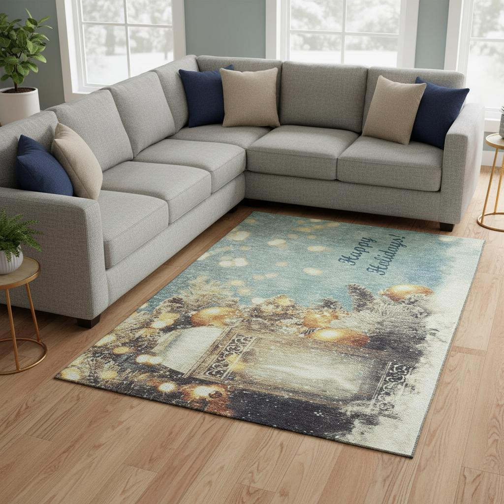 646420 9 x 12 ft. Blue Gold & Ivory Geometric Washable Machine Made Rectangle Area Rug with UV Protection