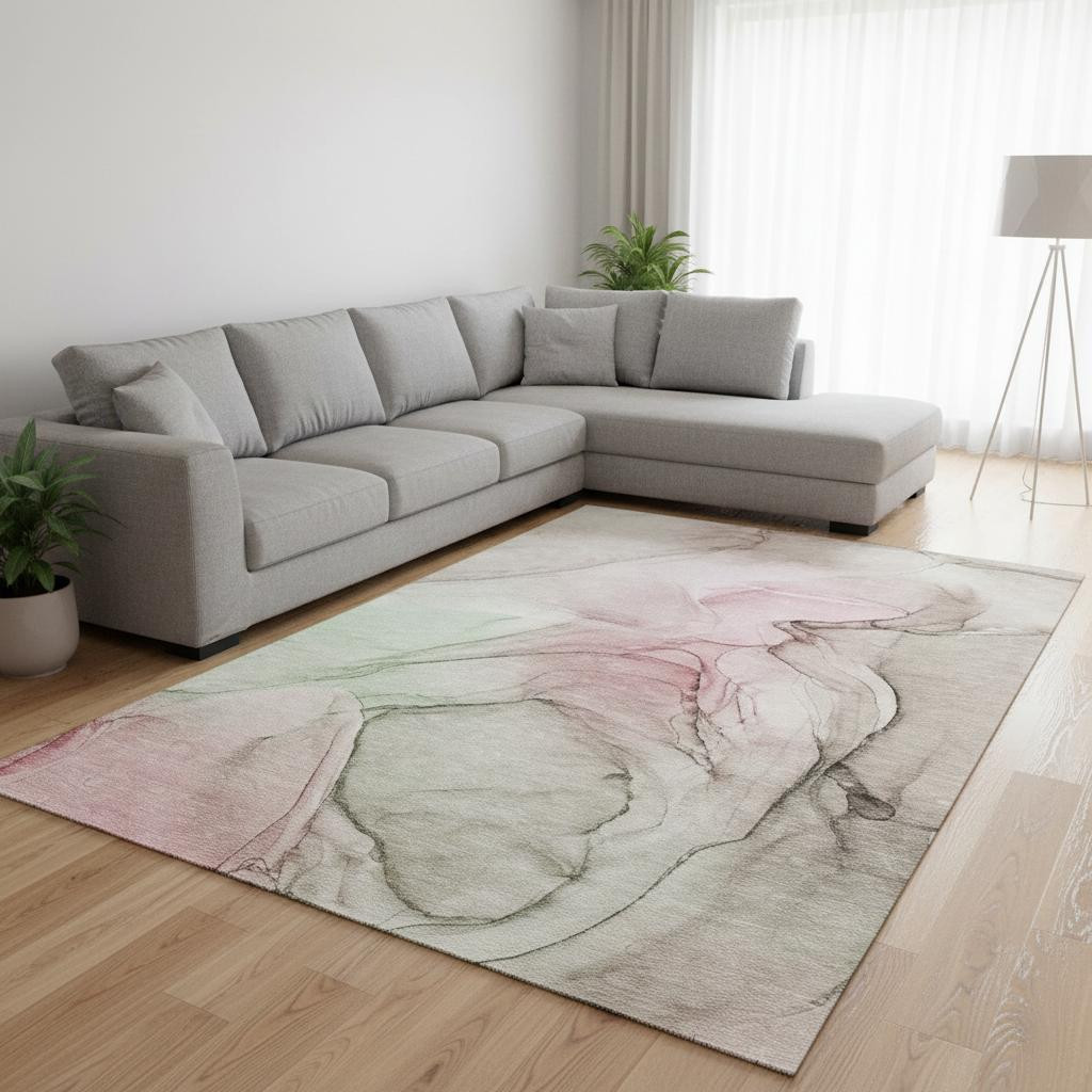 646619 9 x 12 ft. Blush & Ivory Abstract Transitional Washable Machine Made Rectangle Area Rug with UV Protection