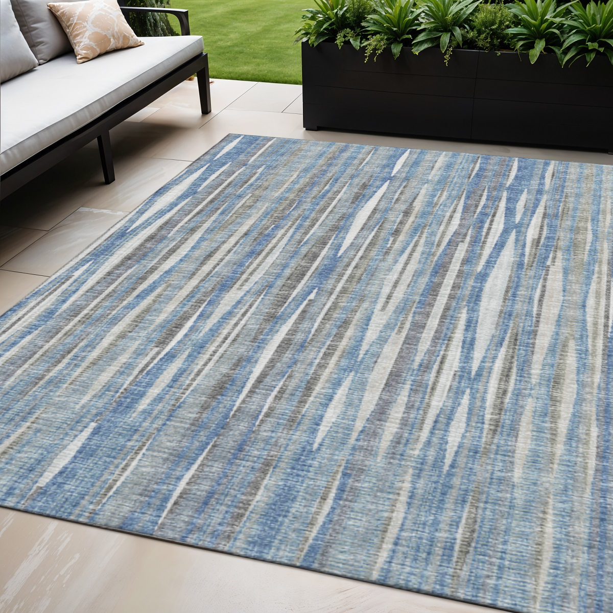 642333 5 x 8 ft. Blue & Ivory Striped Washable Transitional Indoor & Outdoor Rectangle Area Rug