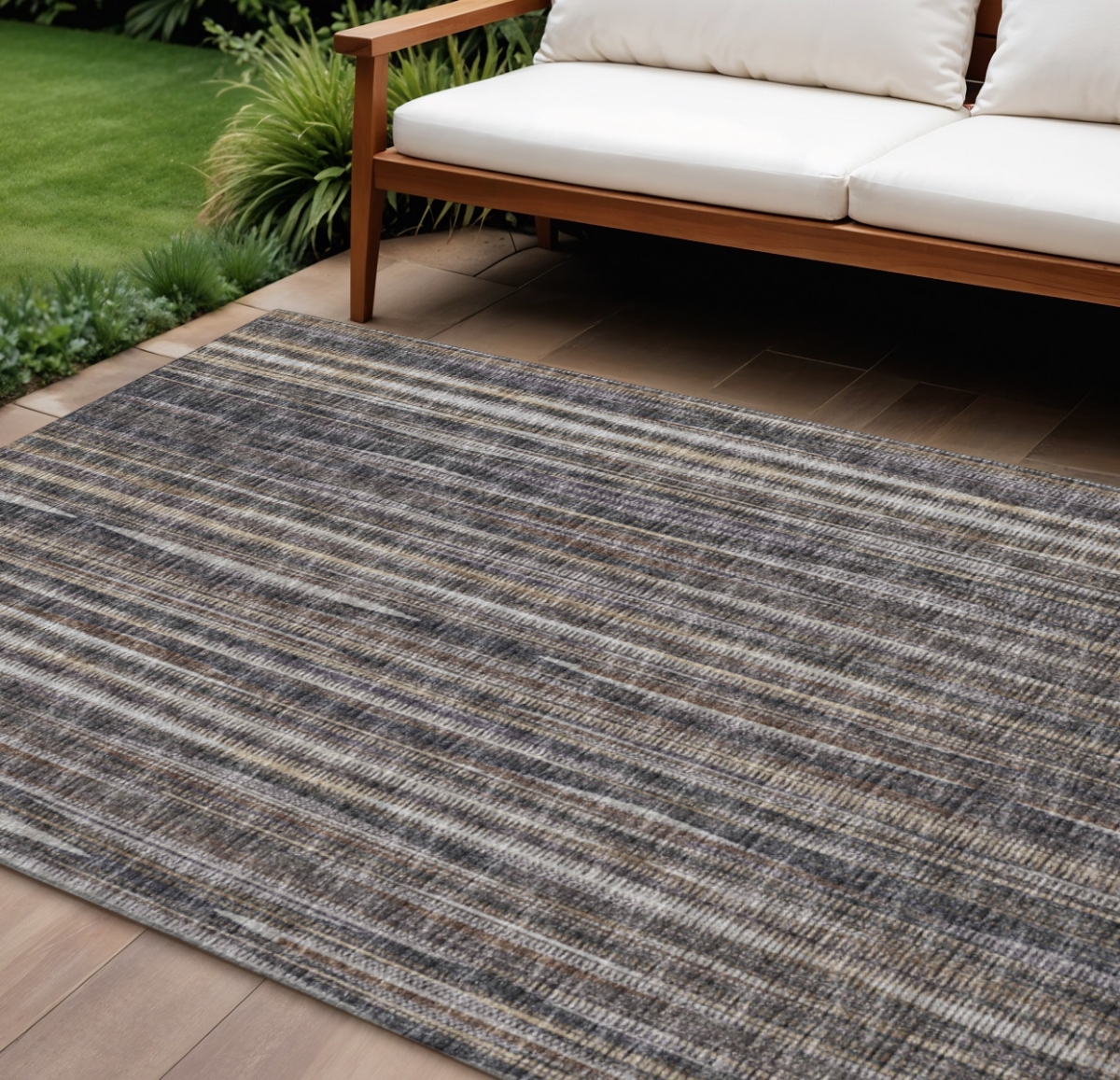 642367 10 x 14 ft. Brown & Copper Striped Washable Transitional Indoor & Outdoor Rectangle Area Rug