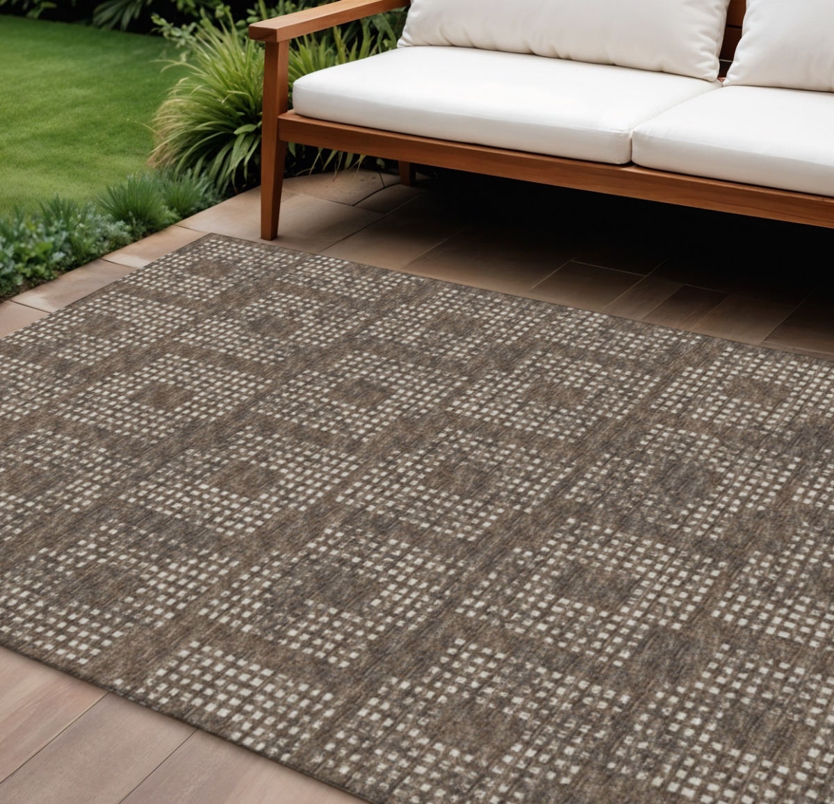 642451 10 x 14 ft. Brown & Ivory Geometric Washable Transitional Indoor & Outdoor Rectangle Area Rug