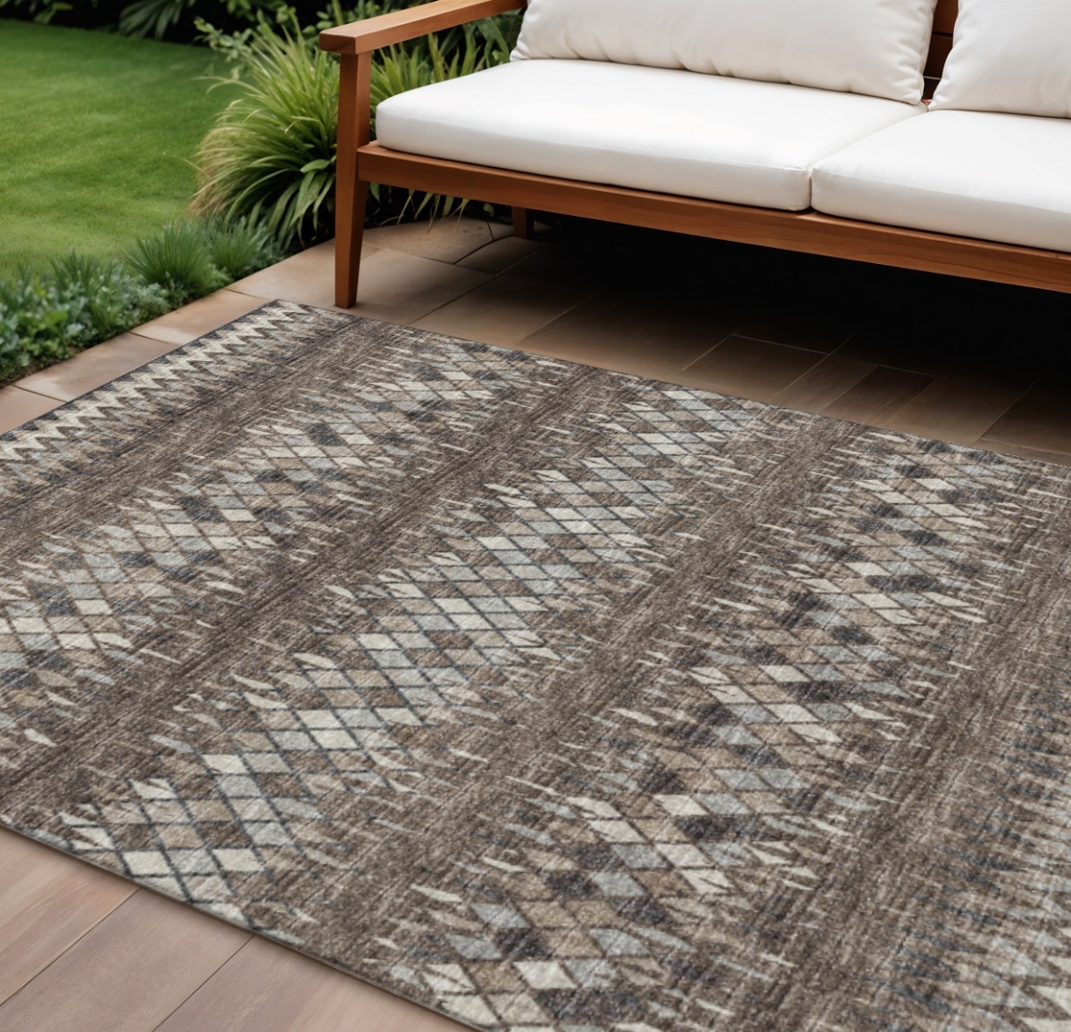 642576 9 x 12 ft. Brown & Ivory Ikat Washable Transitional Indoor & Outdoor Rectangle Area Rug