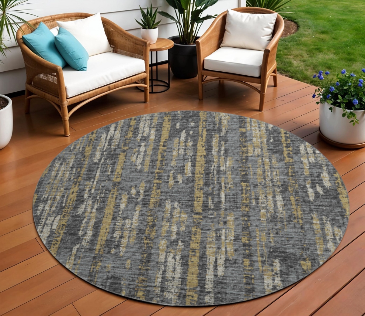 642604 8 ft. Granite Gray, Ivory & Gold Abstract Washable Transitional Indoor & Outdoor Round Area Rug
