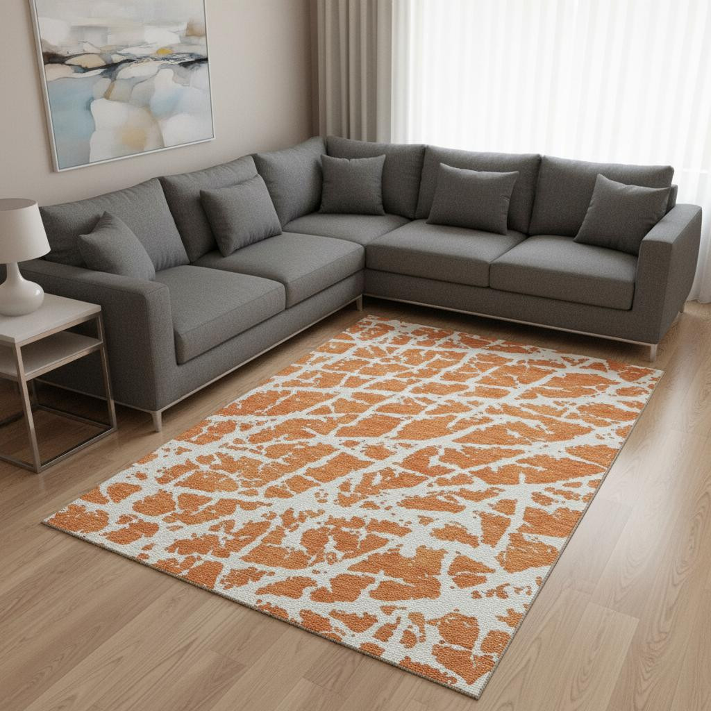 646564 8 x 10 ft. Orange & Ivory Abstract Transitional Washable Machine Made Rectangle Area Rug with UV Protection