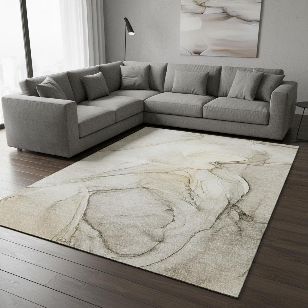 646607 9 x 12 ft. Beige & Ivory Abstract Transitional Washable Machine Made Rectangle Area Rug with UV Protection