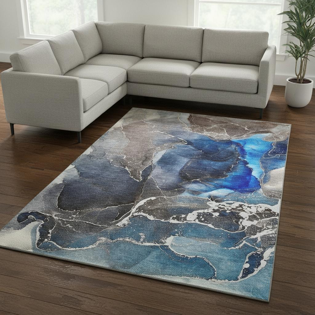 646685 9 x 12 ft. Navy Blue & Charcoal Abstract Washable Machine Made Rectangle Area Rug with UV Protection